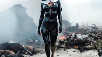 Latex Nun with Hooves walks through Battlefield