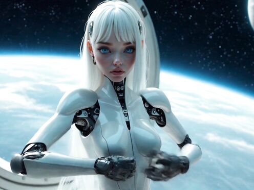 Robot girl shows her steel Tits