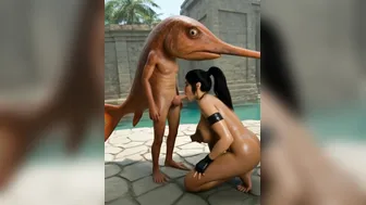 Lara Croft blowing fish beast
