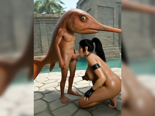 Lara Croft blowing fish beast