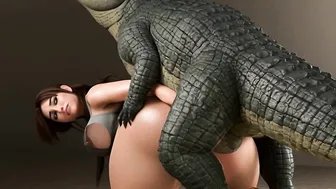 Lara Croft wearing see through shirt fucked by a crocodile