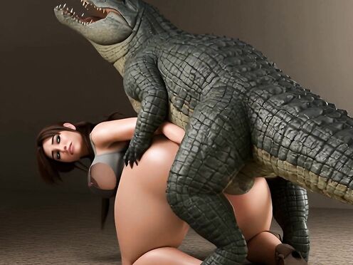 Lara Croft wearing see through shirt fucked by a crocodile