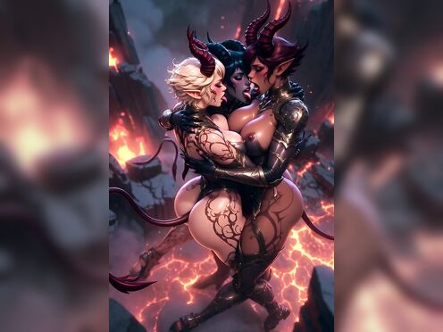 Three Succubus making out in volcano