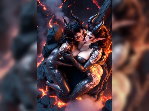 Two succubus making out in volcano 2