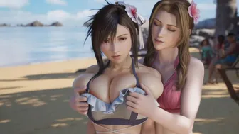 Aerith squeezes Tifa's huge boobs (Final Fantasy).