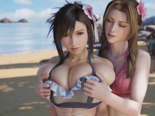 Aerith squeezes Tifa's huge boobs (Final Fantasy).