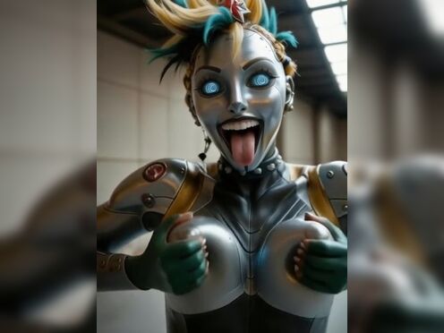 Punky robot squeezes her boobs.