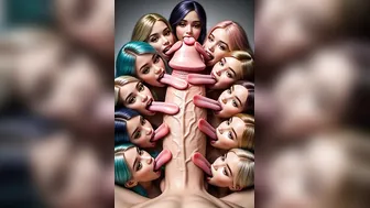 Eleven women with long tongues licking one long penis