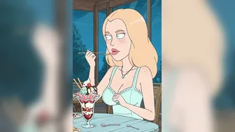 Anime girl shows her breasts while eating