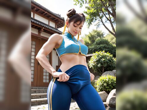 Futa Chun-Li Pulls down her pants revealing her large penis, jerks off and cums