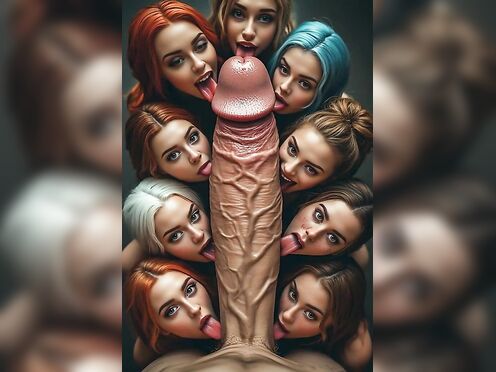 Nine women licking giant penis
