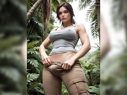 Futa Lara Croft Pulls out her cock, jerks off and cums (Tomb Raider)