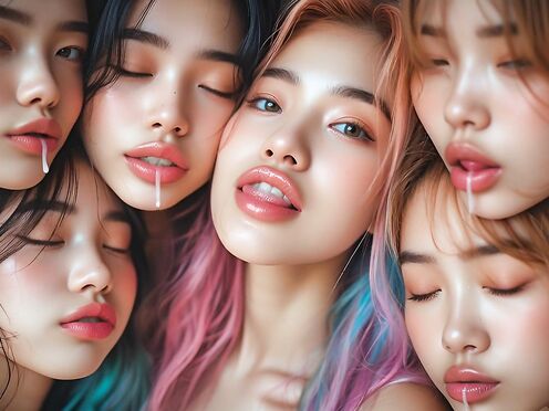 Six asian licking screen