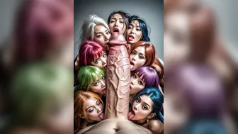Nine women licking penis POV multicolor hair