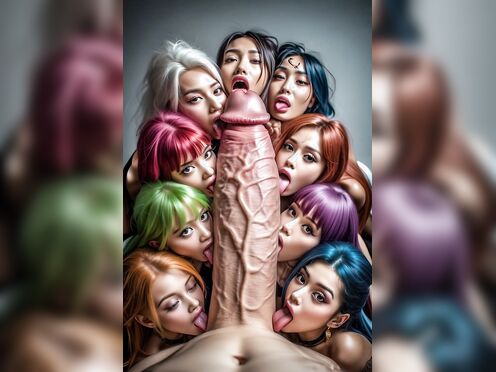 Nine women licking penis POV multicolor hair
