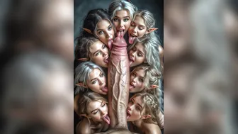 Nine female elves licking big penis
