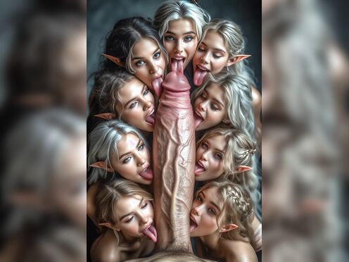 Nine female elves licking big penis