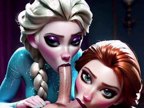 Elsa and Anna Double blowjob, balls sucking